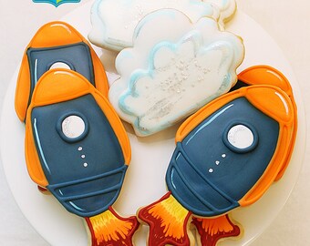 Custom Sugar Cookies / Space Rocket & Cloud Cookies (1 Dozen)