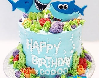 Daddy & Baby Shark Fondant Cake Topper Set