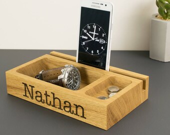 Personalised Wooden Phone Holder Tray, Oak Catchall, Tablet Stand, Office Desk, Bedside Organiser, Gift for Him, Dad, Husband, Boyfriend