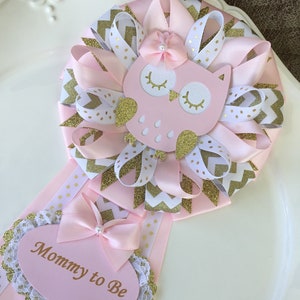 Light pink and gold chevron owl baby shower/Girl owl baby shower corsage