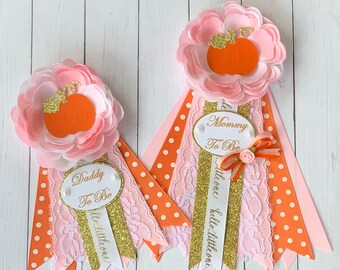 Pumpkin baby shower corsage/Fall autumn girl baby shower corsage/Little pumpkin bay shower corsage/Pink and orange pumpkin baby shower pin