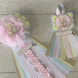 Classic Pooh baby shower corsage/Classic Pooh gender reveal corsage/Classic Pooh girl baby shower corsage/Classic Pooh pink and blue corsage