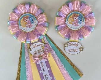 Ensemble de corsages de baby shower d'ours/corsages de future maman et de futur papa d'ours/ensemble de corsages de baby shower arc-en-ciel, corsages de baby shower d'ours pour fille