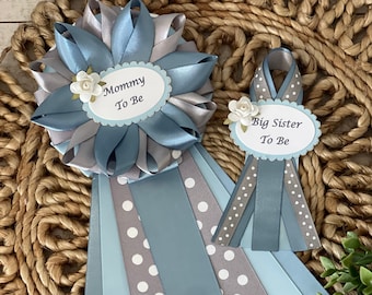 Boy baby shower corsage, Blue baby shower corsage, Dusty blue baby shower corsage, corsage for Mommy to be boy, blue and gray baby corsage