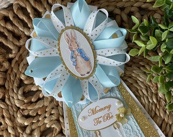 Peter Rabbit corsage/Blue and gold Peter Rabbit baby shower corsage/boy baby shower Peter Rabbit corsage/Peter Rabbit Mommy to be corsage