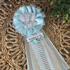 Light blue and gray elephant baby shower corsage/Elephant baby shower/Baby boy elephant baby shower corsage/Elephant Mommy to Be corsage
