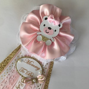 Teddy bear baby shower/Girl teddy bear baby shower Mommy to be corsage/Light pink, gold and white teddy bear girl baby shower pin