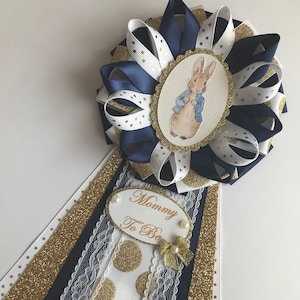 Peter Rabbit Baby shower corsage/Peter Rabbit boy baby shower corsage/Navy blue and gold Peter Rabbit baby shower corsage/Peter Rabbit Mum