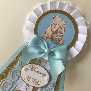 Classic Pooh boy baby shower corsage/Light blue and gold classic Pooh baby boy Mommy to be corsage/Blue and gold corsage