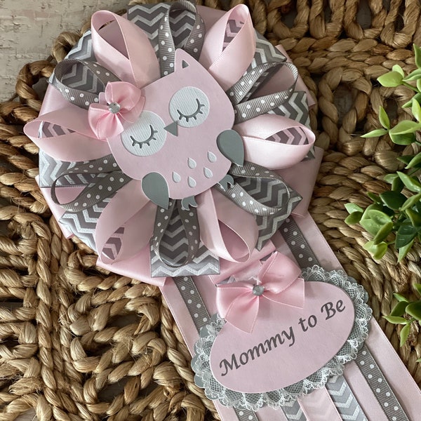 Owl Baby shower corsage, Mommy to be corsage, baby shower corsage, Girl baby shower corsage, Pink and Gray baby shower corsage, Owl corsage