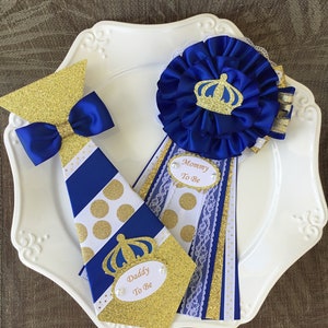 Royal Blue and gold prince baby shower corsage set/Prince Mommy to be corsage and Daddy to be tie set/Royal prince baby shower pins