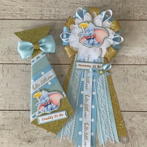 Dumbo baby shower corsage set/Boy baby shower corsage set/Dumbo Mommy to be corsage and Daddy to be tie set/Blue and gold baby shower pins