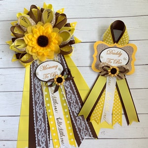 Sunflower baby shower corsage set/Gender neutral Baby shower corsage set/Rustic Baby shower corsage set/Mommy pin