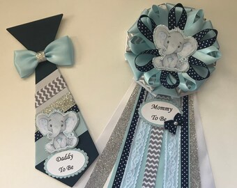 Elephant themed baby shower corsage set/Blue and gray elephant corsage set/Elephant boy Mommy to be corsage and Daddy to be tie set