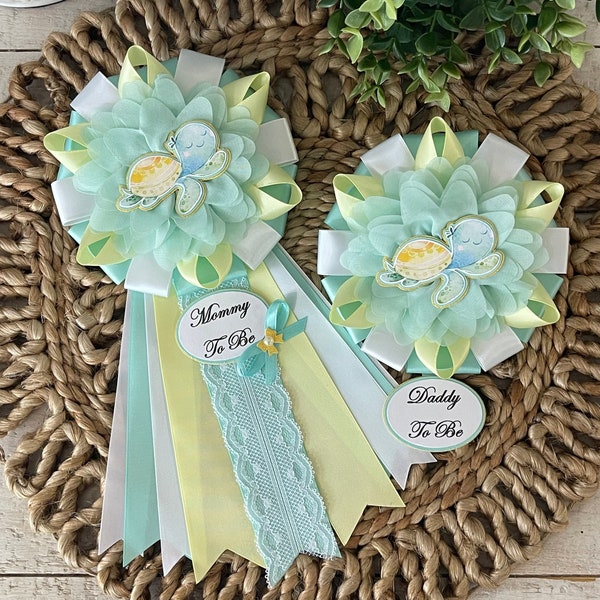 Sea turtle baby shower corsage/Sea turtle gender neutral baby shower corsages/Aqua and yellow turtle corsage/Turtle baby shower corsage