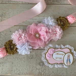 Maternity sash/Pink and gold maternity sash/Peter Rabbit maternity sash and corsage set