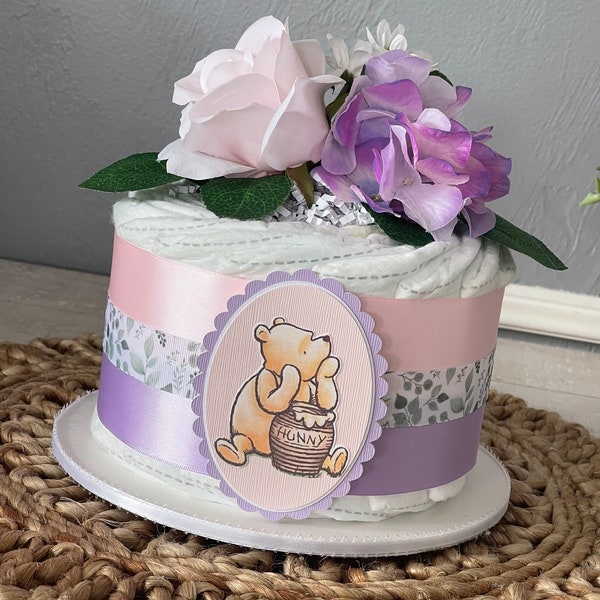 Classic Pooh mini diaper cake, light pink and lavender Classic Pooh centerpiece, Light pink and purple Classic Pooh diaper cake, Pooh decor