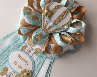 Gold and teal hot air balloon baby shower corsage/Hot air balloon Mommy to be corsage/Neutral hot air balloon baby shower corsage