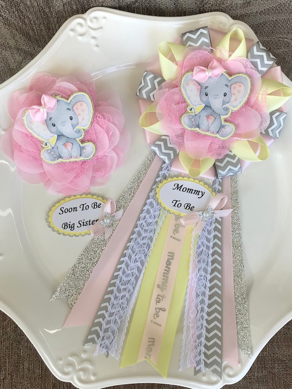 Elephant Baby Shower Corsage Set Light Pink Yellow And Grey Etsy