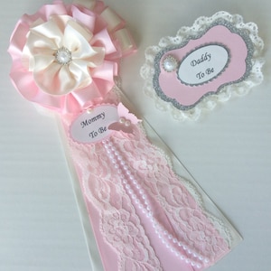 Baby shower corsage set/Light Pink and ivory Baby shower corsages/Mommy to Be and Daddy to be corsage set