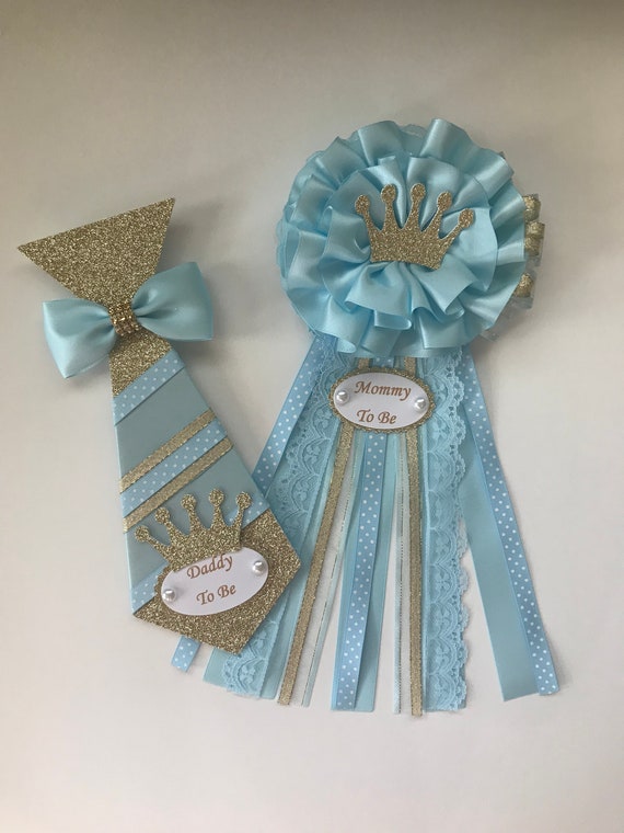 Prince Baby Shower Corsage Set Light Blue And Gold Baby Shower Etsy