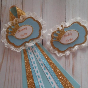 Prince baby shower corsage set/Light blue and gold prince baby shower corsage set/Baby boy baby shower Mommy to be and Daddy to be corsages