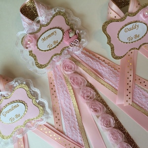 Pink and gold baby shower corsage set/Mommy to be, Daddy to be and Grandma to be corsage set/Pink and gold Elegant baby shower/Girl baby pin
