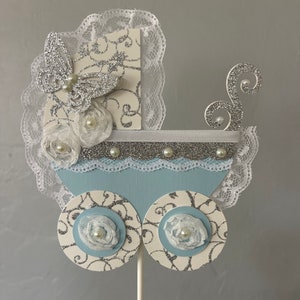 Baby boy cake topper/Blue cake topper/Baby shower cake topper/Baby carriage cake topper/Blue and silver cake topper/Vintage baby cake topper