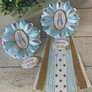 Peter rabbit baby shower corsage set/Boy Peter Rabbit baby shower corsage/Blue and gold Peter Rabbit baby shower corsage set