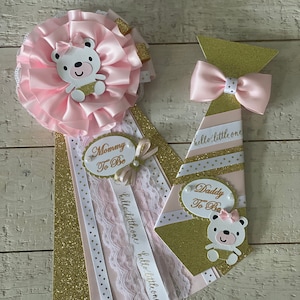 Bear baby shower corsage/Pink and gold teddy bear baby shower/Girl baby shower corsage set/Teddy bear corsage set