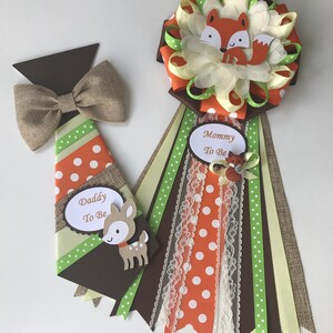 Woodland baby shower corsage and tie set/Woodland baby shower Mommy to be corsage and Daddy to be tie/Rustic baby shower corsage set