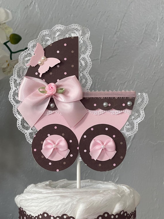 Girl baby shower cake topper/ Carriage cake topper/ Pink and brown baby shower cake topper/ elegant baby shower cake topper