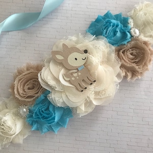 Woodland Rustic Look maternity sash/Blue and ivory maternity sash/Deer themed baby shower maternity sash/Boy baby shower sash