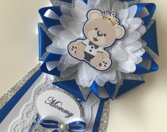 Royal blue and silver teddy bear baby shower corsage/Prince baby shower corsage/Teddy Bear Baby shower corsage/Teddy Bear Mommy corsage