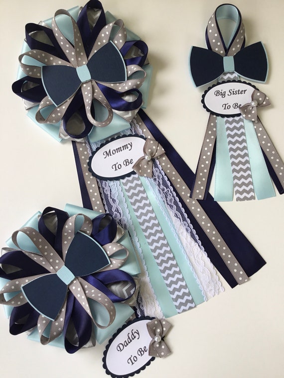 Bow tie baby shower corsage/Little man Baby shower corsage set/Blue and  gray chevron little man baby shower corsage set