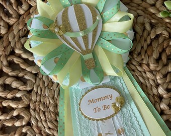 Mint green and yellow hot air balloon corsage/Gender neutral hot air balloon corsage/Mint green and yellow hot air balloon baby shower pin