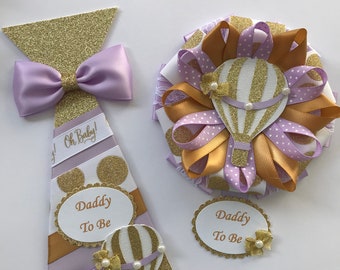 Hot air balloon corsage or Daddy to be tie/Lavender and gold Daddy to be tie/Lavender and gold hot air balloon baby shower corsage