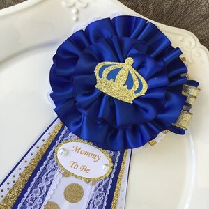 Prince baby shower corsage/Prince royal blue baby shower corsage/Royal blue and gold baby shower corsage/Prince mommy to be corsage