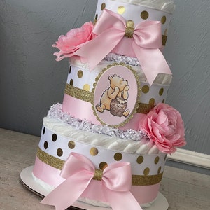 Classic Pooh pink and gold diaper cake/Girl Classic Pooh baby sho centerpiece/Light pink and gold boy classic Pooh diaper cake