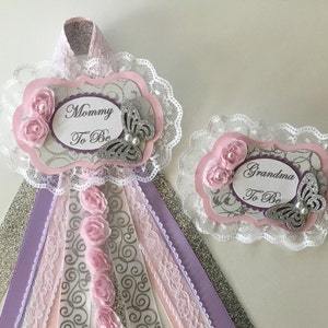 Lavender and light pink butterfly baby shower corsage set/Girl baby shower corsage/ Light pink, silver and lavender butterfly baby shower