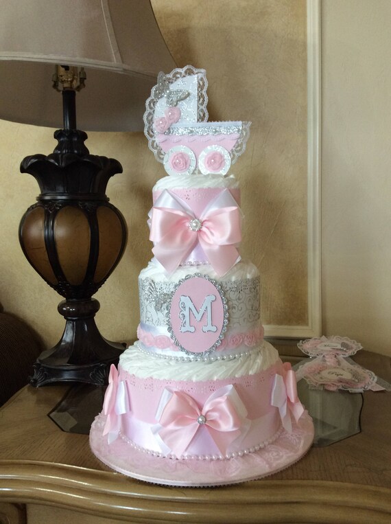 pink and silver baby shower cake