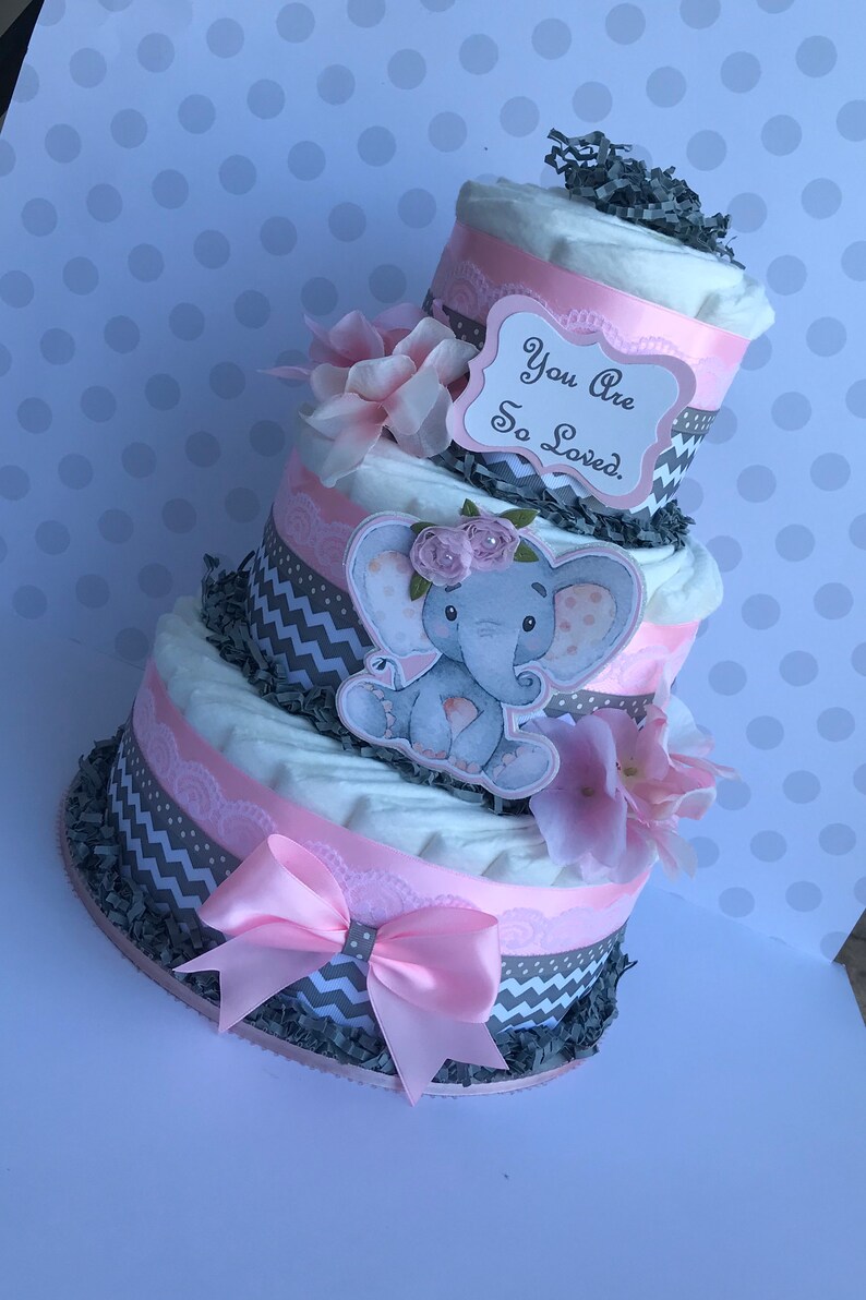 Elephant baby girl diaper cake/Light pink and grey chevron Etsy
