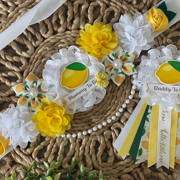 Lemon maternity sash, lemonade baby shower maternity sash, Lemon belly sash, lemon sash for mommy to be, lemon corsage, summer baby shower