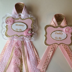 Pink and gold baby shower corsage set/Mommy and Daddy to be corsage set for Girl Baby Shower/Pink and gold baby shower/Chic Mommy to be pin