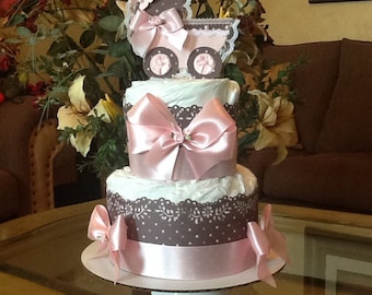 Baby Girl Diaper cake Pink and Brown diaper cake Carriage Centerpiece