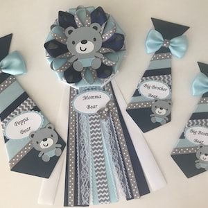 Teddy bear baby shower corsage/Teddy bear boy baby shower corsage set/Blue and gray teddy bear baby shower corsage