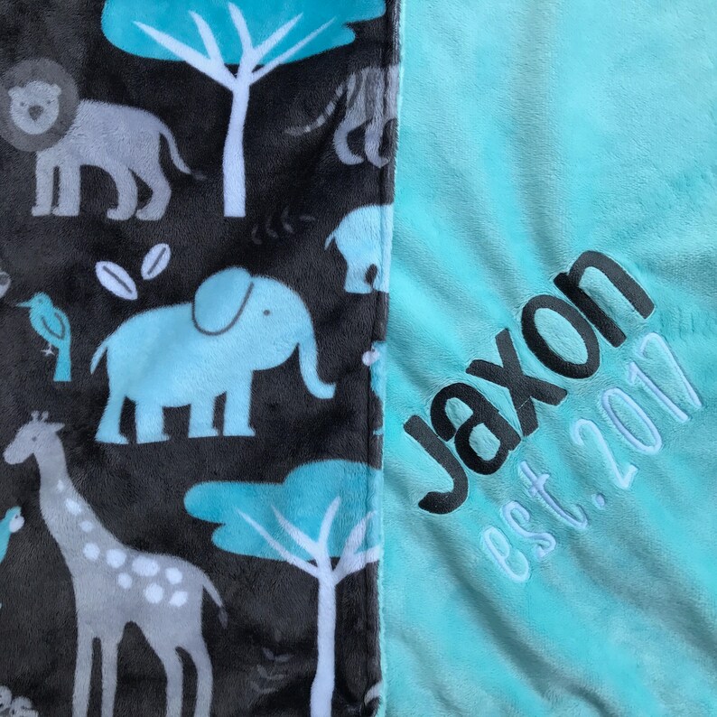 Name Blanket Minky Jungle Theme Boy Blue and Gray Embroidered Est