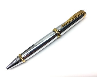 Handmade Pen -  Handcrafted Pen made of 6061 t6 aluminum- Gold and Chrome Plating. Handmade.