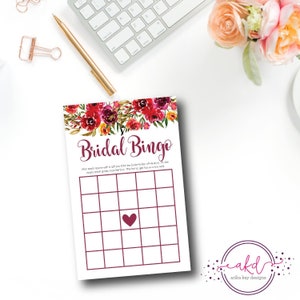 Tarjeta de bingo nupcial floral granate, juego en blanco, bingo de despedida de soltera, juego de despedida de soltera de descarga instantánea, ducha de boda, digital, bricolaje