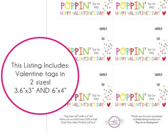 POPPIN' by to say Happy Valentine's Day Tags, Instant Digital Download, Printable Valentine's Day Bag Toppers - Valentine Pop Gift Tag - DIY